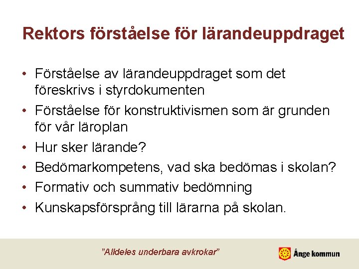 Rektors förståelse för lärandeuppdraget • Förståelse av lärandeuppdraget som det föreskrivs i styrdokumenten •