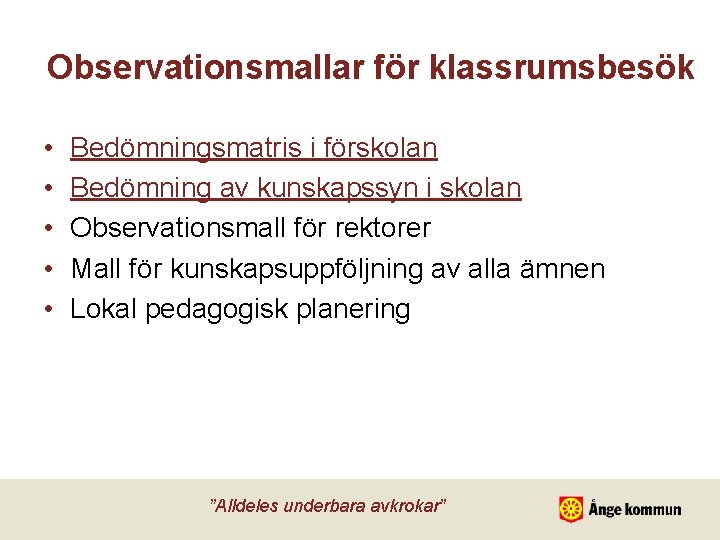 Observationsmallar för klassrumsbesök • • • Bedömningsmatris i förskolan Bedömning av kunskapssyn i skolan