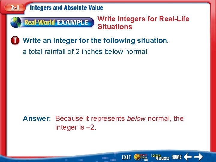 Write Integers for Real-Life Situations Write an integer for the following situation. a total