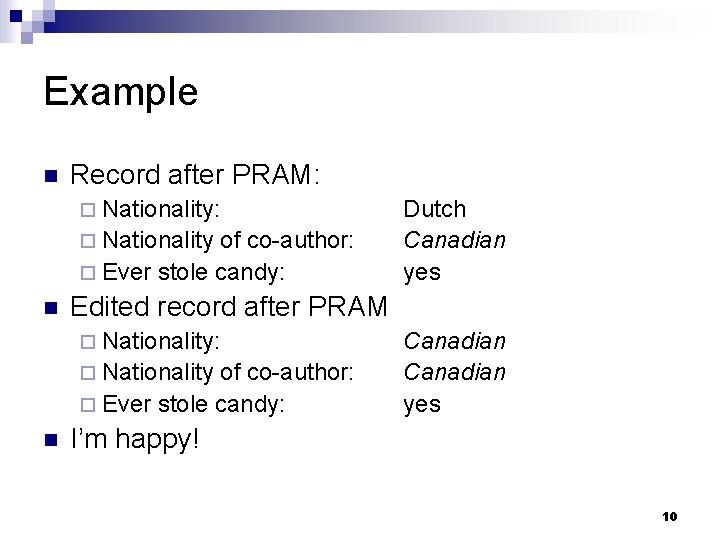 Example n Record after PRAM: ¨ Nationality of co-author: ¨ Ever stole candy: n