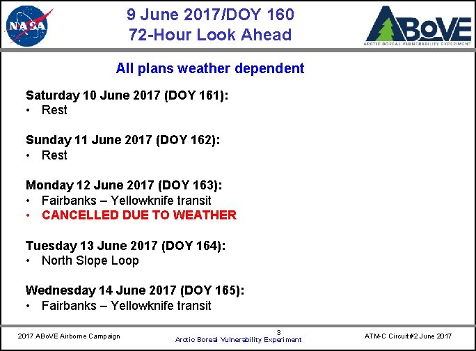 9 June 2017/DOY 160 72 -Hour Look Ahead CARVE All plans weather dependent Saturday