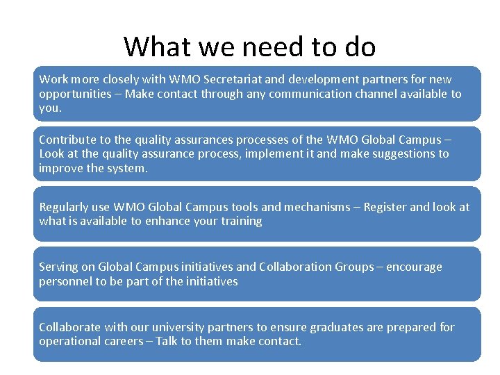What we need to do Work more closely with WMO Secretariat and development partners