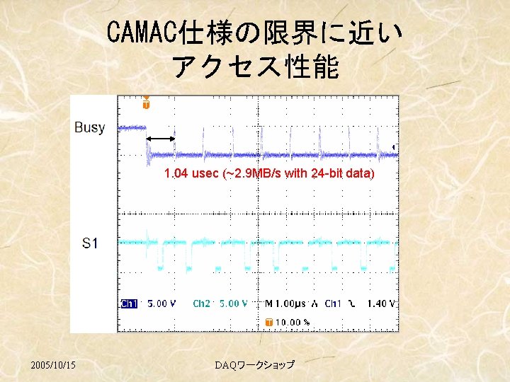 CAMAC仕様の限界に近い アクセス性能 1. 04 usec (~2. 9 MB/s with 24 -bit data) 2005/10/15 DAQワークショップ