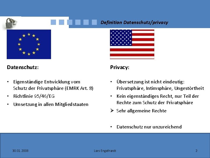 Definition Datenschutz/privacy Datenschutz: Privacy: • Eigenständige Entwicklung vom Schutz der Privatsphäre (EMRK Art. 8)