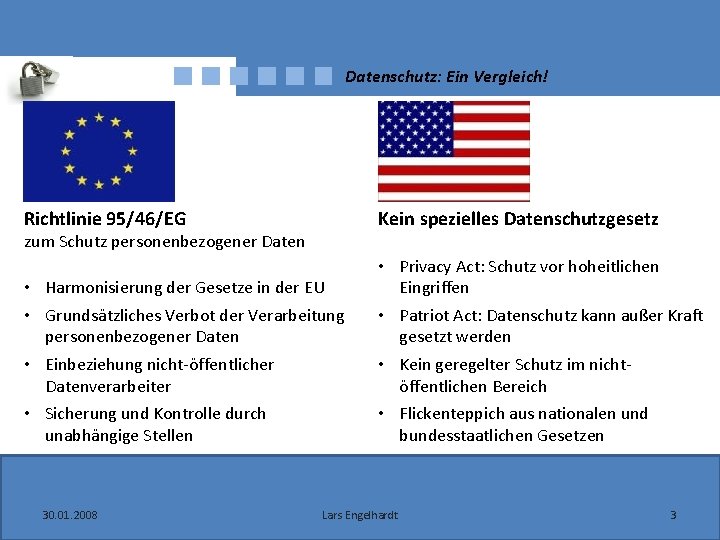 Datenschutz: Ein Vergleich! Richtlinie 95/46/EG Kein spezielles Datenschutzgesetz • Harmonisierung der Gesetze in der