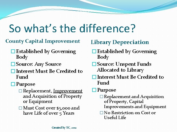 So what’s the difference? County Capital Improvement �Established by Governing Body �Source: Any Source