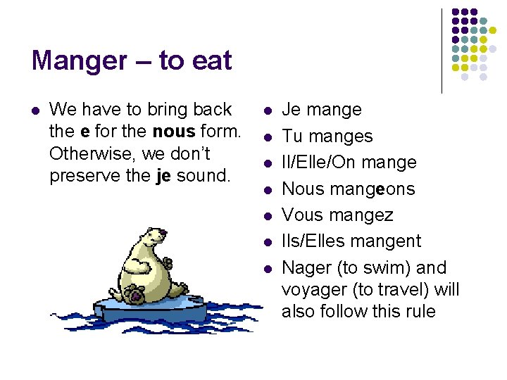 Manger – to eat l We have to bring back the e for the