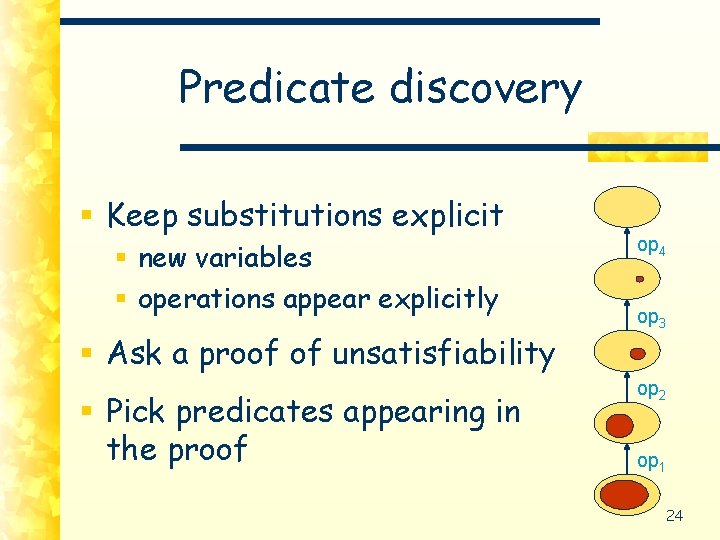 Predicate discovery § Keep substitutions explicit § new variables § operations appear explicitly §