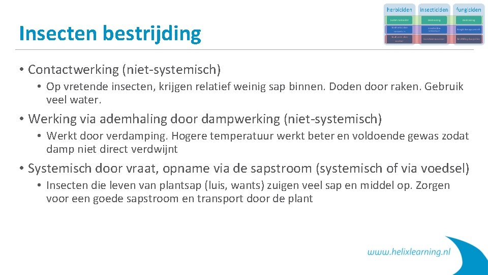 Insecten bestrijding • Contactwerking (niet-systemisch) • Op vretende insecten, krijgen relatief weinig sap binnen.