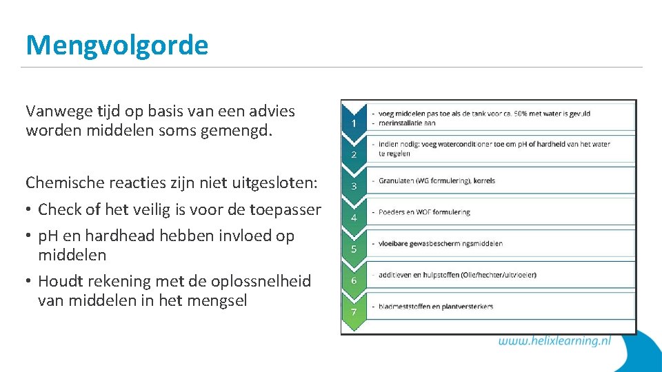 Mengvolgorde Vanwege tijd op basis van een advies worden middelen soms gemengd. Chemische reacties