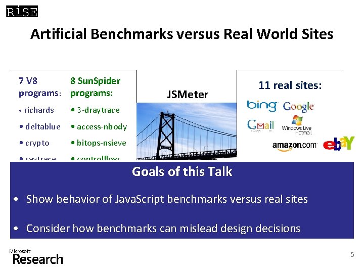 Artificial Benchmarks versus Real World Sites 7 V 8 8 Sun. Spider programs: •