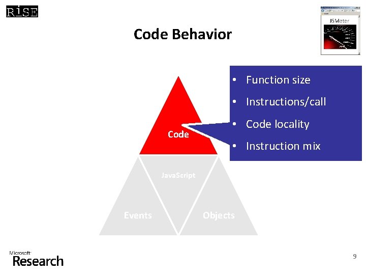 Code Behavior • Function size • Instructions/call Code • Code locality • Instruction mix