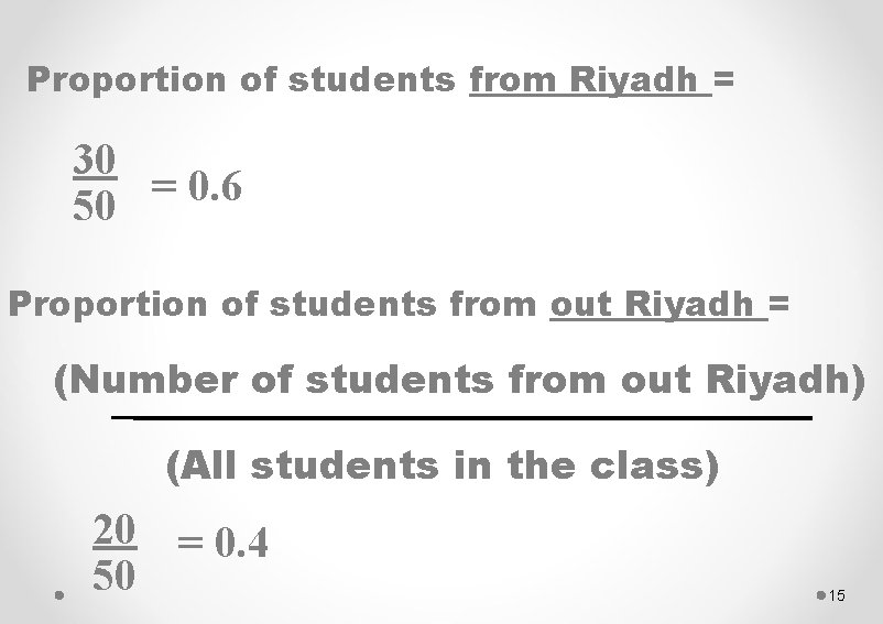 Proportion of students from Riyadh = 30 = 0. 6 50 Proportion of students