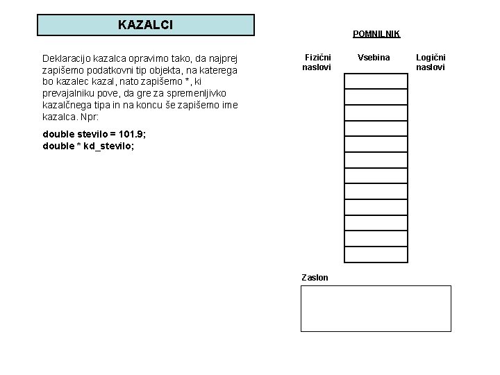 KAZALCI Deklaracijo kazalca opravimo tako, da najprej zapišemo podatkovni tip objekta, na katerega bo