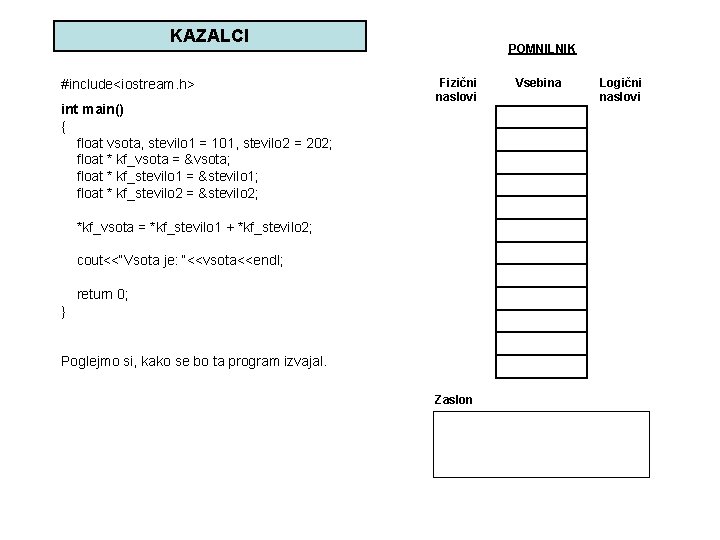 KAZALCI #include<iostream. h> int main() { float vsota, stevilo 1 = 101, stevilo 2