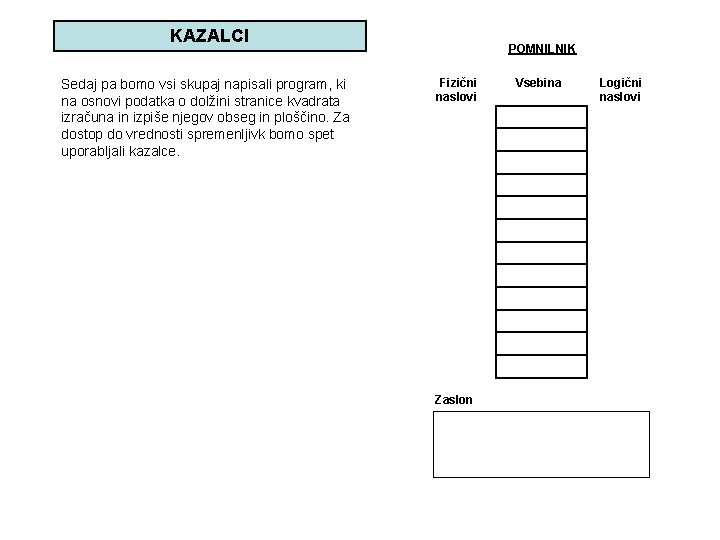 KAZALCI Sedaj pa bomo vsi skupaj napisali program, ki na osnovi podatka o dolžini