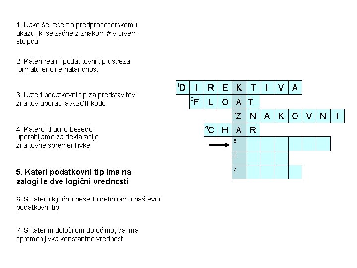 1. Kako še rečemo predprocesorskemu ukazu, ki se začne z znakom # v prvem