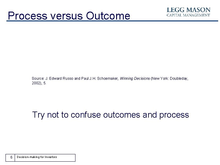 Process versus Outcome Source: J. Edward Russo and Paul J. H. Schoemaker, Winning Decisions
