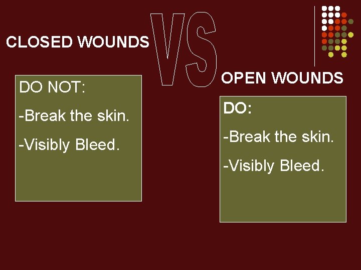 CLOSED WOUNDS DO NOT: OPEN WOUNDS -Break the skin. DO: -Visibly Bleed. -Break the