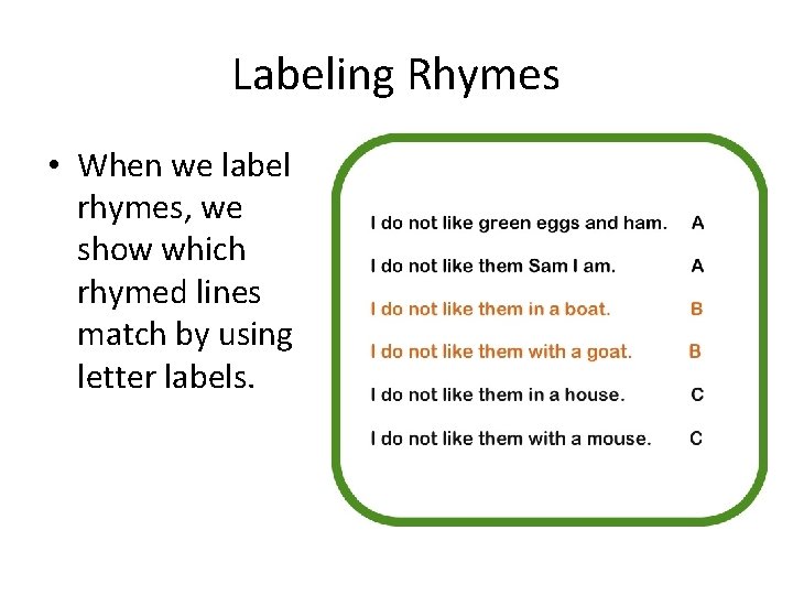 Labeling Rhymes • When we label rhymes, we show which rhymed lines match by