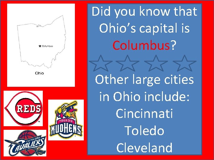 Did you know that Ohio’s capital is Columbus? Other large cities in Ohio include: