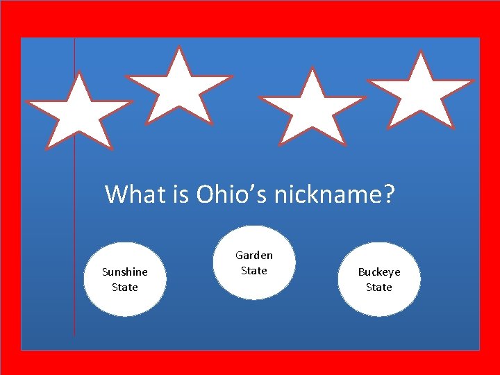 What is Ohio’s nickname? Sunshine State Garden State Buckeye State 