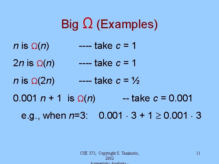 Big Ω (Examples) n is Ω(n) ---- take c = 1 2 n is