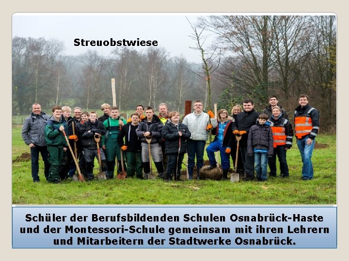 Streuobstwiese Schüler der Berufsbildenden Schulen Osnabrück-Haste und der Montessori-Schule gemeinsam mit ihren Lehrern und