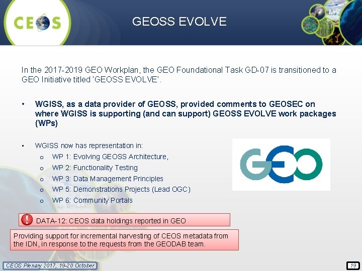 GEOSS EVOLVE In the 2017 -2019 GEO Workplan, the GEO Foundational Task GD-07 is