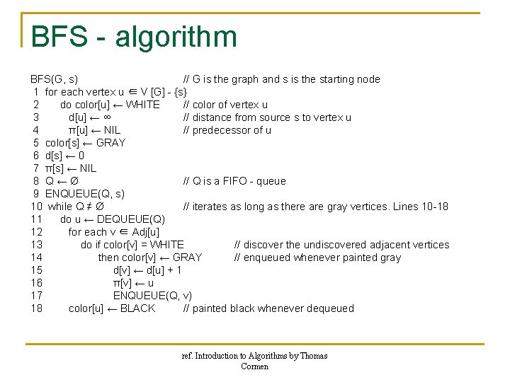 BFS - algorithm BFS(G, s) // G is the graph and s is the BFS - algorithm BFS(G, s) // G is the graph and s is the