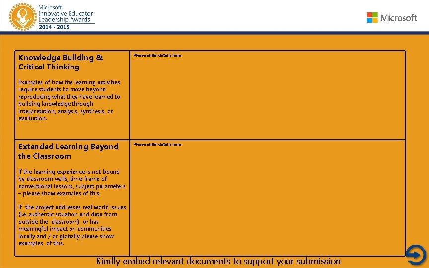 Knowledge Building & Critical Thinking Please enter details here Examples of how the learning