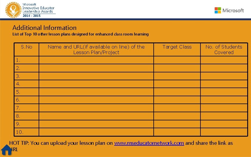 Additional Information List of Top 10 other lesson plans designed for enhanced class room