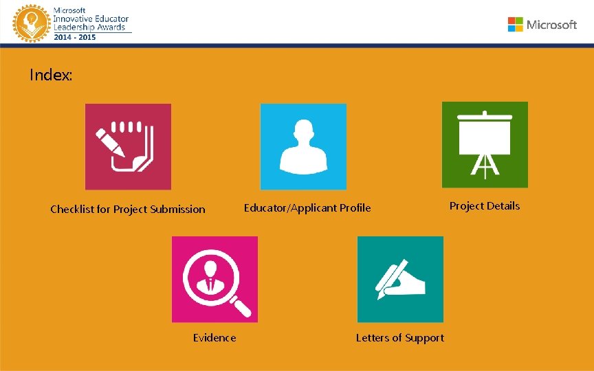 Index: Checklist for Project Submission Evidence Educator/Applicant Profile Letters of Support Project Details 