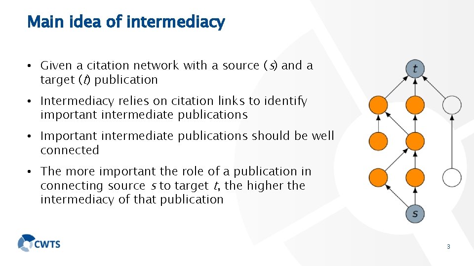 Main idea of intermediacy • Given a citation network with a source (s) and