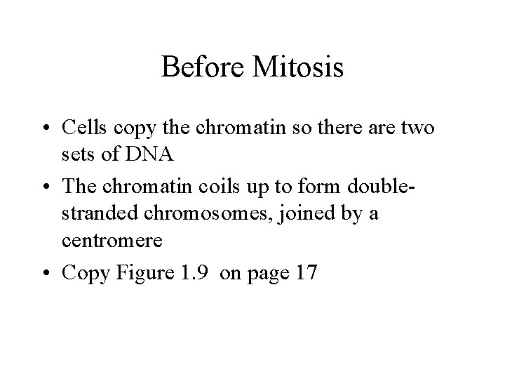 Before Mitosis • Cells copy the chromatin so there are two sets of DNA