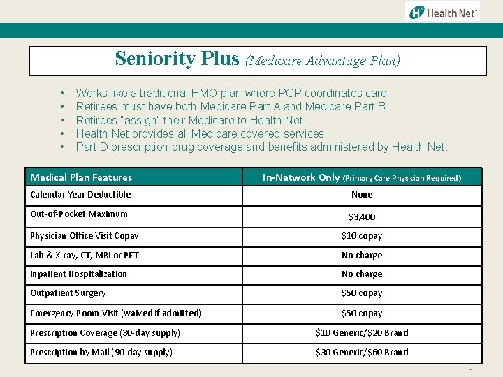Seniority Plus (Medicare Advantage Plan) • • • Works like a traditional HMO plan