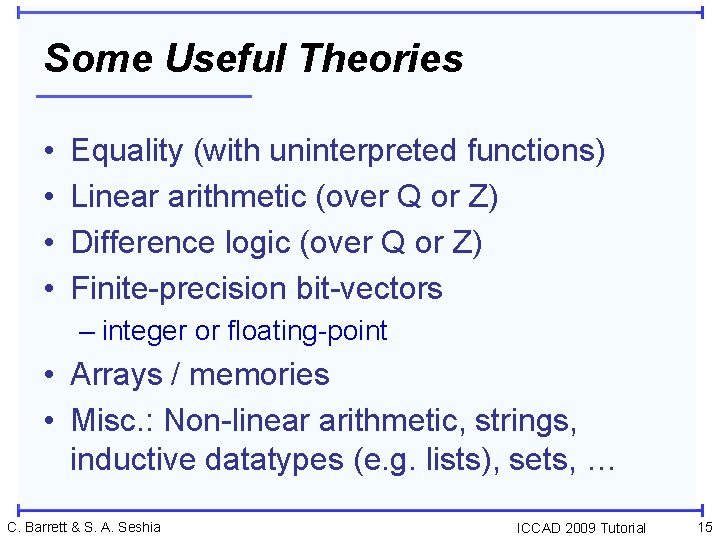 Some Useful Theories • • Equality (with uninterpreted functions) Linear arithmetic (over Q or