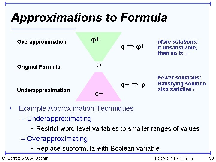 Approximations to Formula Overapproximation Original Formula Underapproximation + + More solutions: If unsatisfiable, then