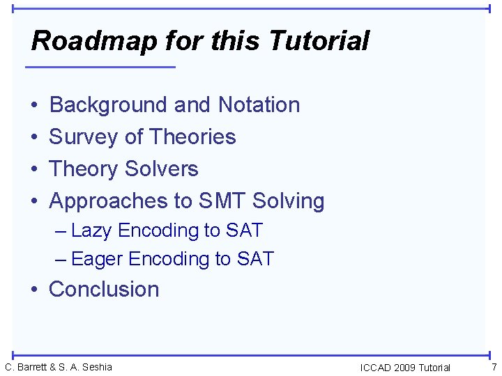 Roadmap for this Tutorial • • Background and Notation Survey of Theories Theory Solvers