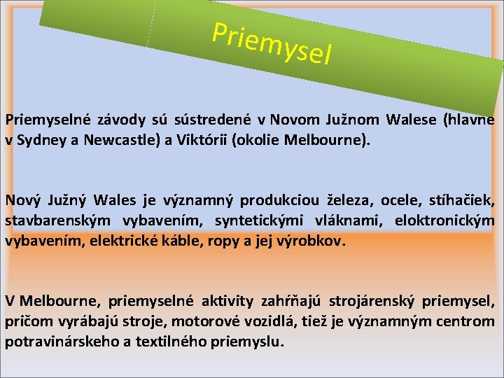 Priemy sel Priemyselné závody sú sústredené v Novom Južnom Walese (hlavne v Sydney a