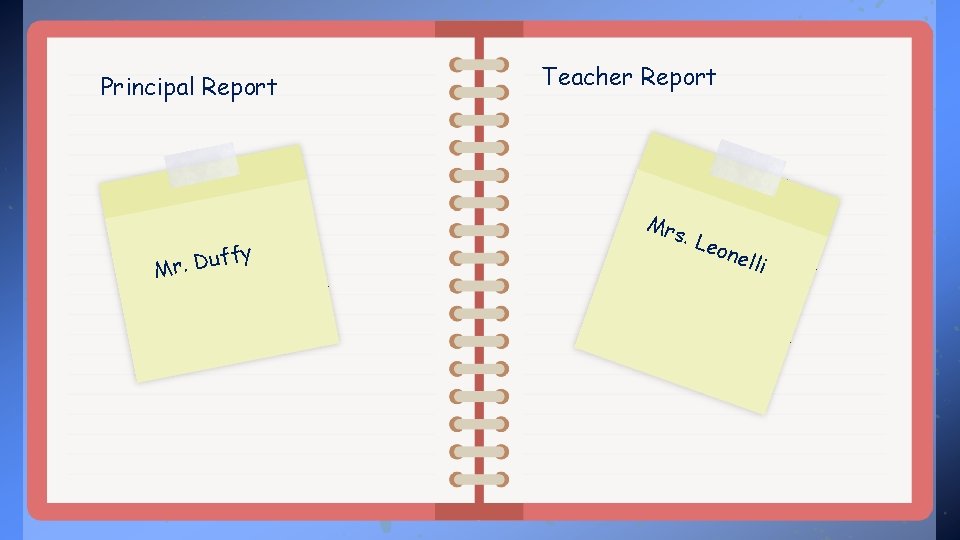 Principal Report uffy D. r M Teacher Report Mrs. Leo nell i 