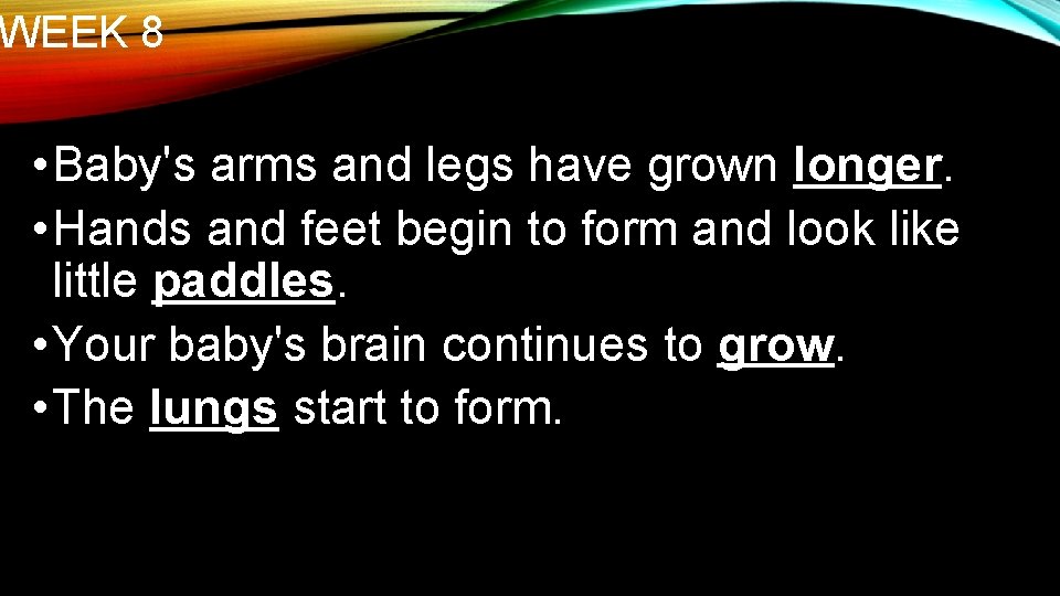 WEEK 8 • Baby's arms and legs have grown longer. • Hands and feet