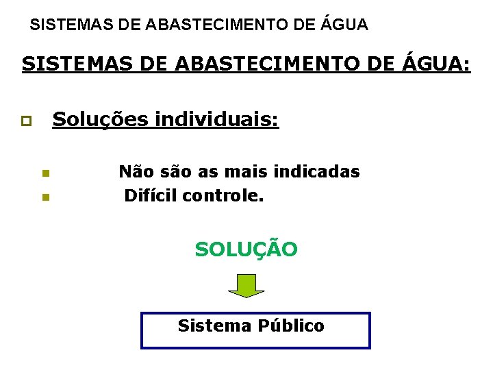 SISTEMAS DE ABASTECIMENTO DE ÁGUA: Soluções individuais: p n n Não são as mais