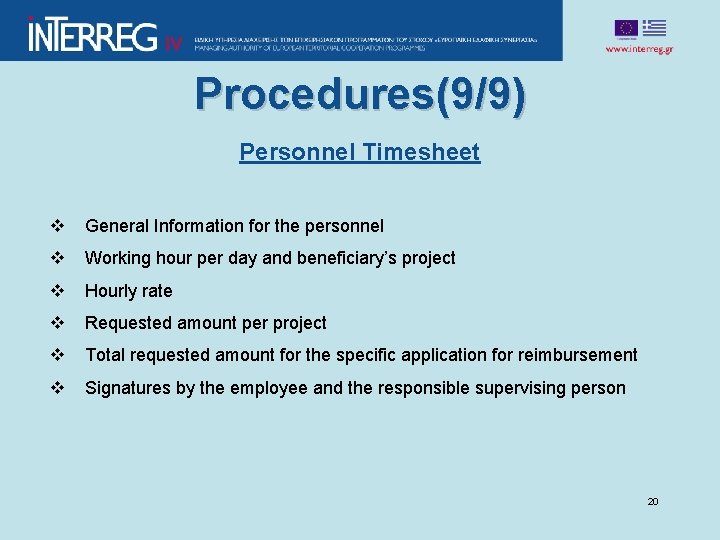 Procedures(9/9) Personnel Timesheet v General Information for the personnel v Working hour per day