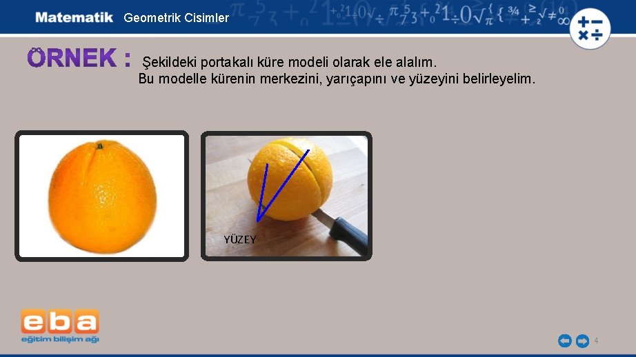 Geometrik Cisimler Şekildeki portakalı küre modeli olarak ele alalım. Bu modelle kürenin merkezini, yarıçapını