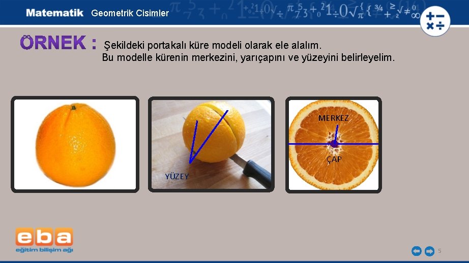 Geometrik Cisimler Şekildeki portakalı küre modeli olarak ele alalım. Bu modelle kürenin merkezini, yarıçapını