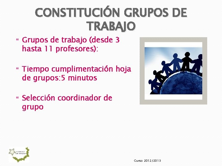 CONSTITUCIÓN GRUPOS DE TRABAJO Grupos de trabajo (desde 3 hasta 11 profesores): Tiempo cumplimentación