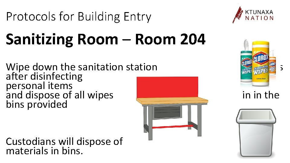 Protocols for Building Entry Sanitizing Room – Room 204 Wipe down the sanitation station