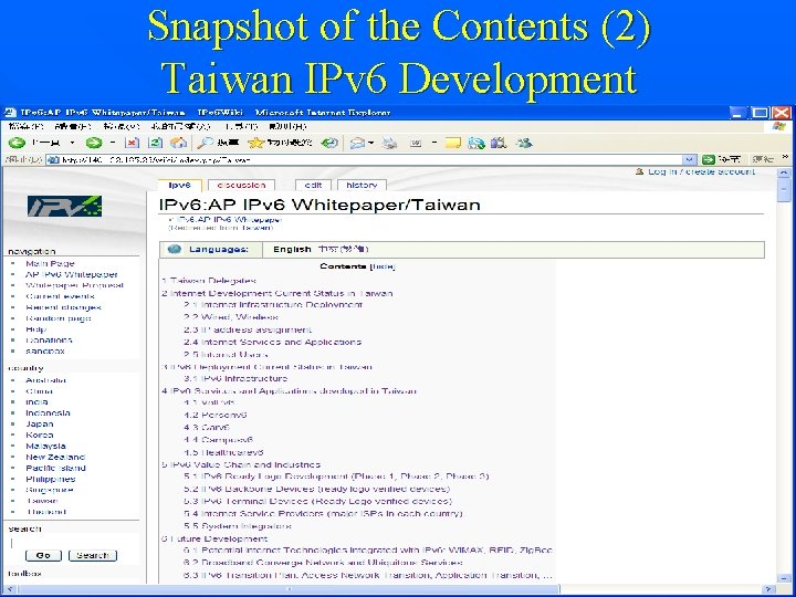 Snapshot of the Contents (2) Taiwan IPv 6 Development 