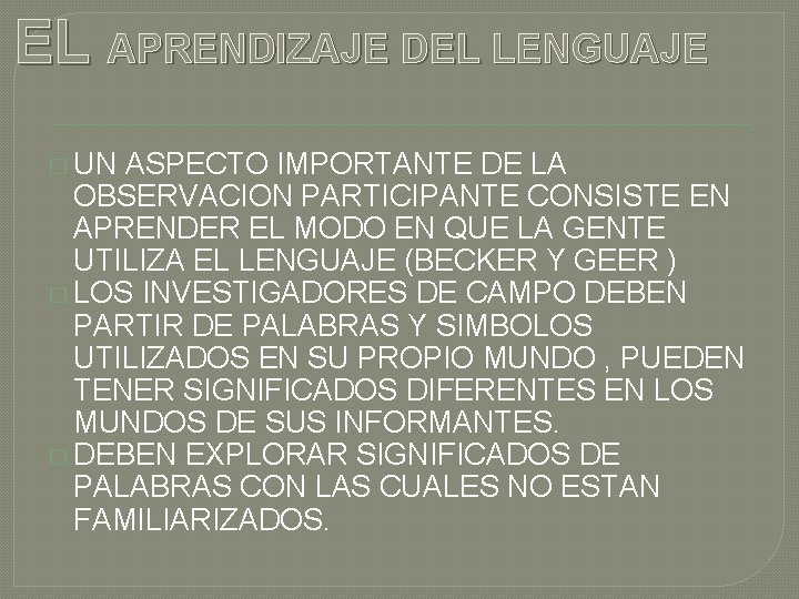 EL APRENDIZAJE DEL LENGUAJE � UN ASPECTO IMPORTANTE DE LA OBSERVACION PARTICIPANTE CONSISTE EN